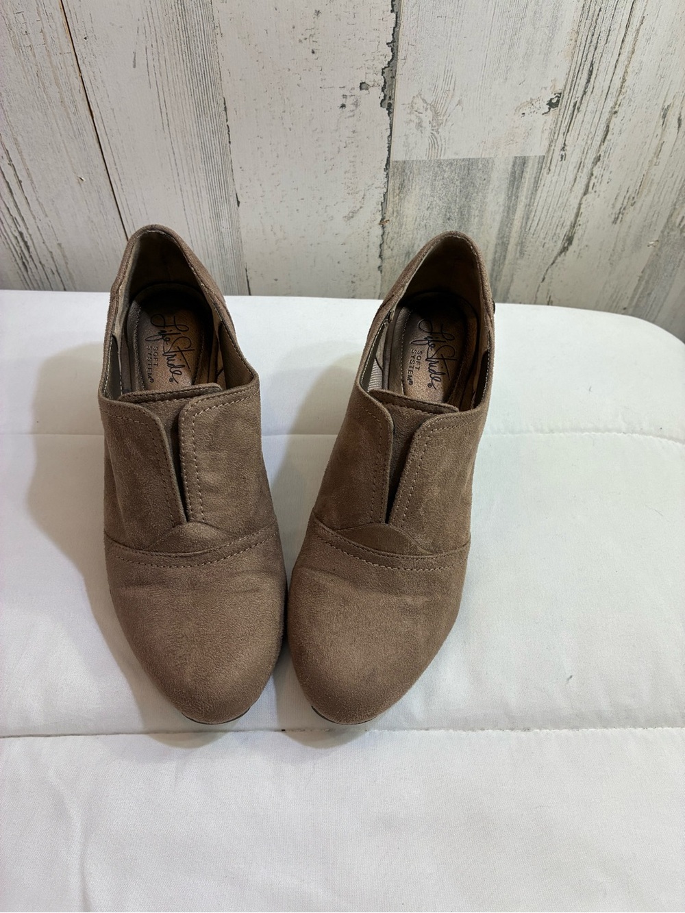 Life Stride Taupe Suede Heeled Ankle Booties